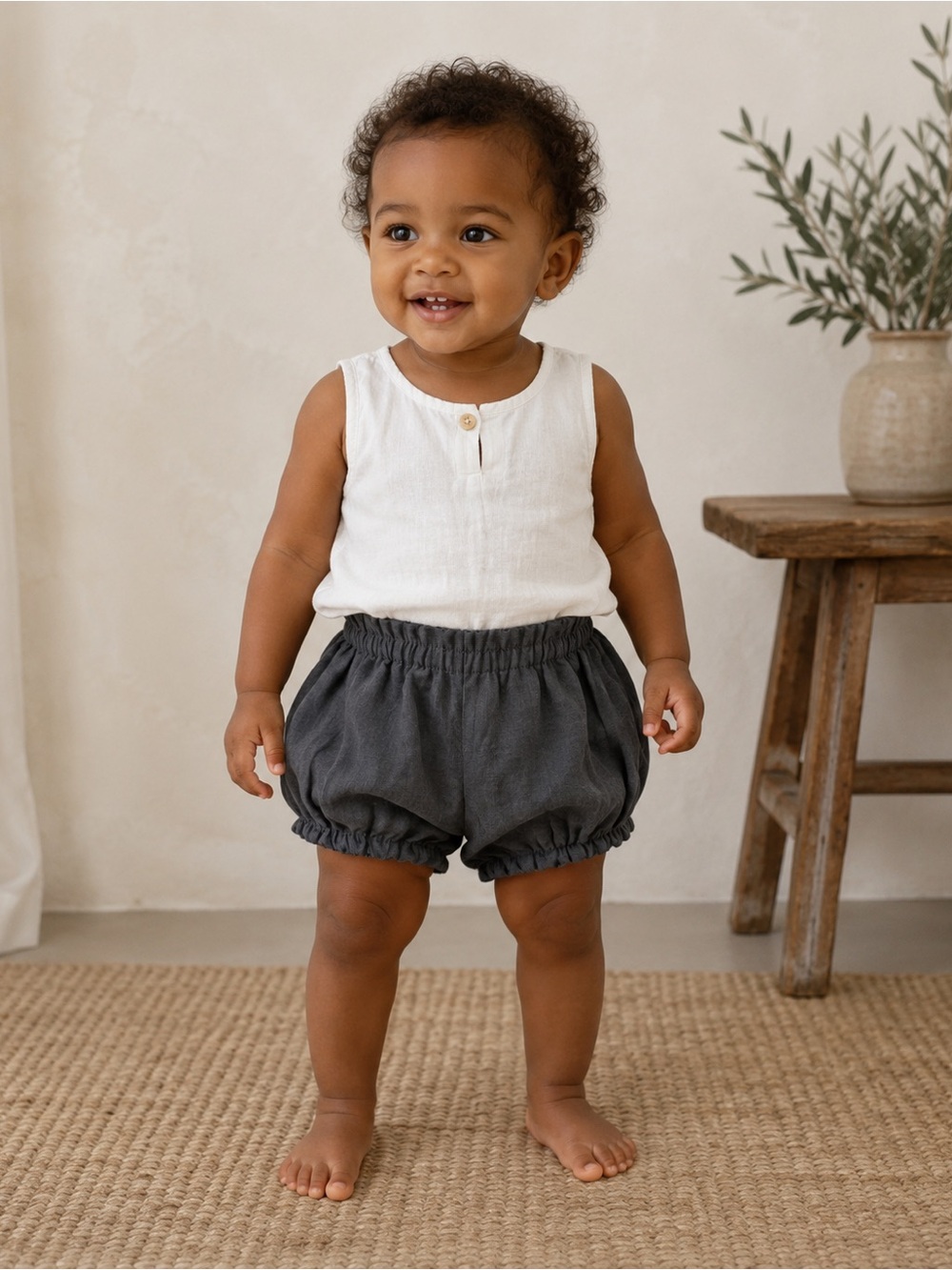 Linen Baby Bloomers Bubble Shorts Dark Green 2T